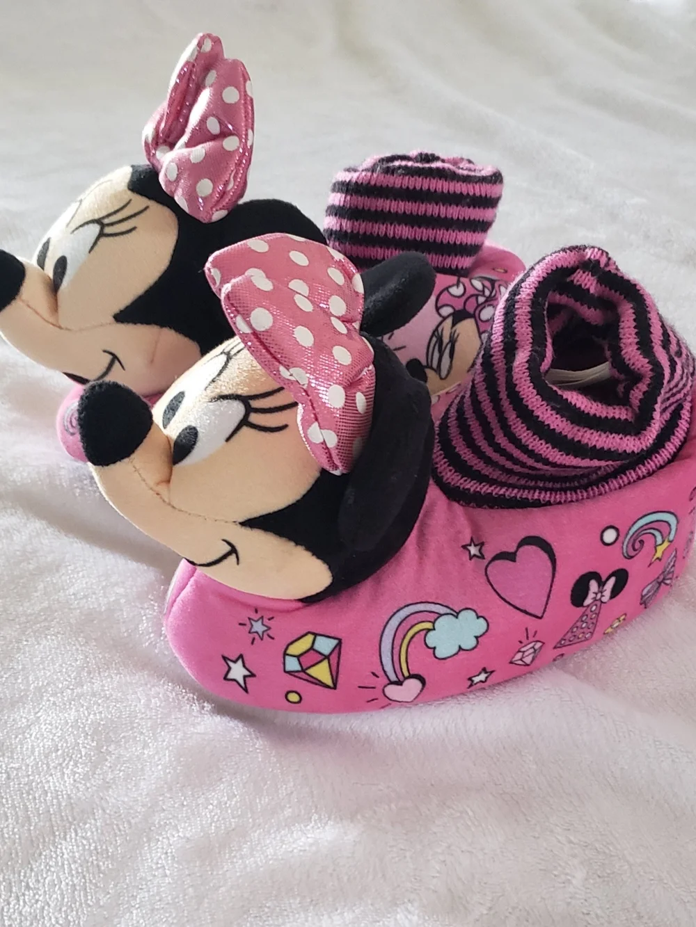 Disney Pink Minnie Mouse Plush Slip-On Slippers with Polka Dot Bows